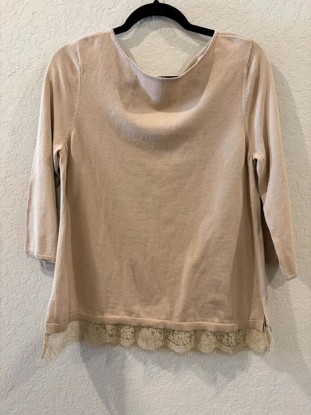 Chico's Women's Beige Knit Sweater with Lace Hem and 3/4 Sleeves